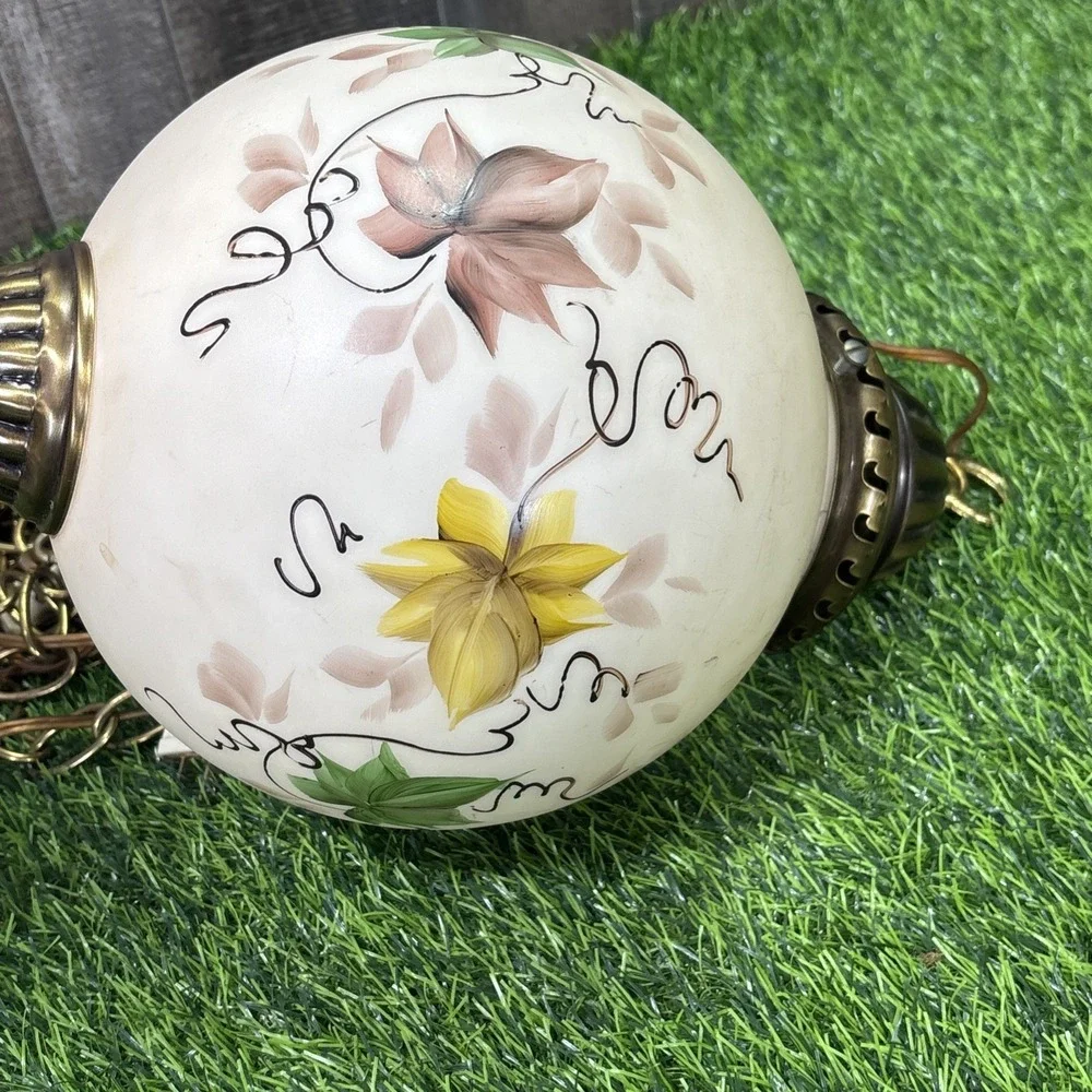 Vintage MCM Hand Painted Globe Swag Lamp Hanging Pendant Light